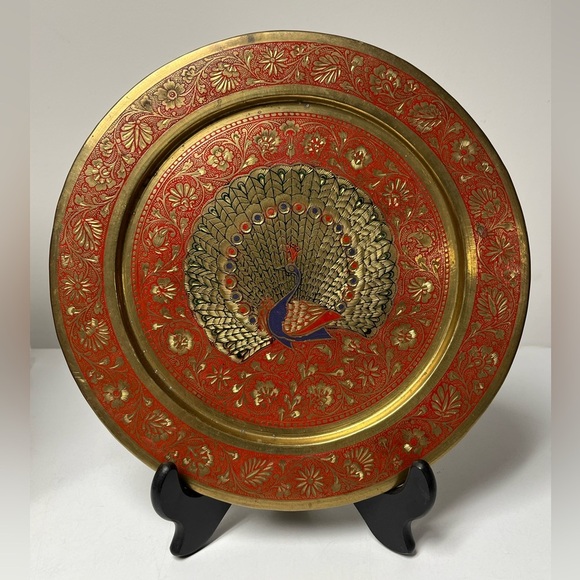 VINTAGE PENCO INDUSTRIES BRASS ETCHED PLATE PLATTER DECOR MADE IN INDIA - Picture 1 of 6